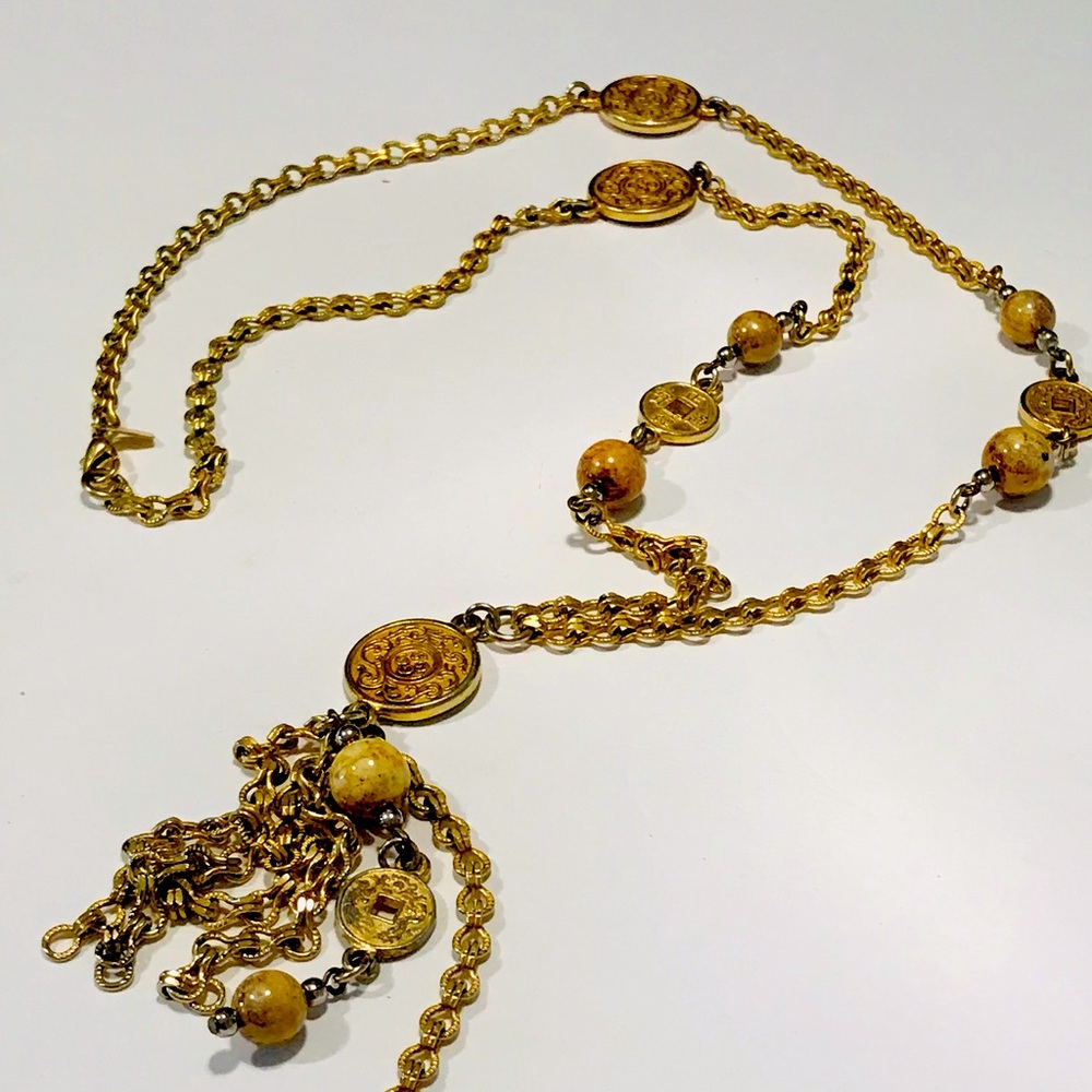 Vintage MYKA Long Gold Tone and Gem Stones Balls Chinese Necklace 36” very Rare